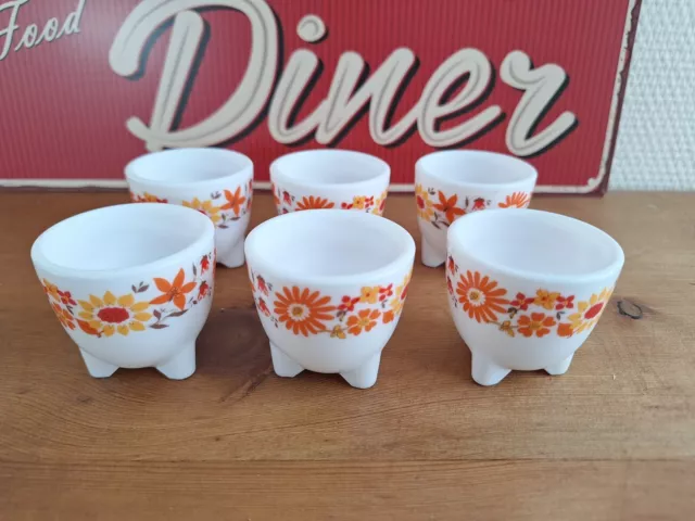 6 coquetiers Arcopal France petites fleurs orange Vintage 70's