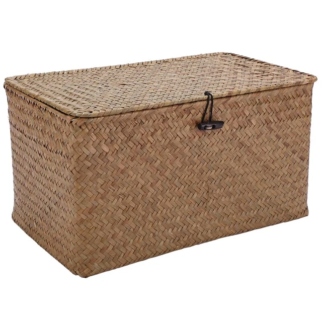 Handmade Straw Woven Storage Basket with Lid Makeup Organizer Storage Box7881