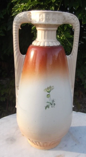 Ancien Gd Vase En Faience Polychrome Decor Floral Marguerites  Sarreguemines ? 3