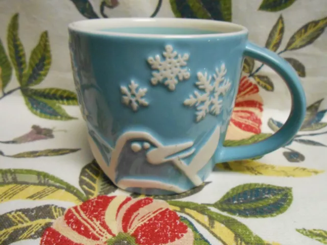 STARBUCKS Holiday Coffee Cup Mug 2007 Blue White Embossed PENGUIN Skiing Friend!