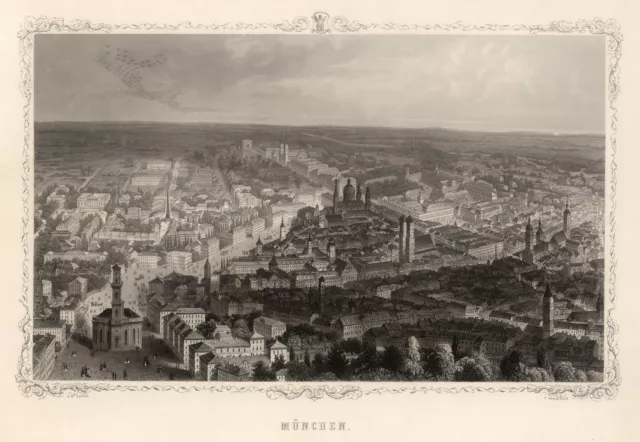 München Gesamtansicht Original Stahlstich Heawood 1850