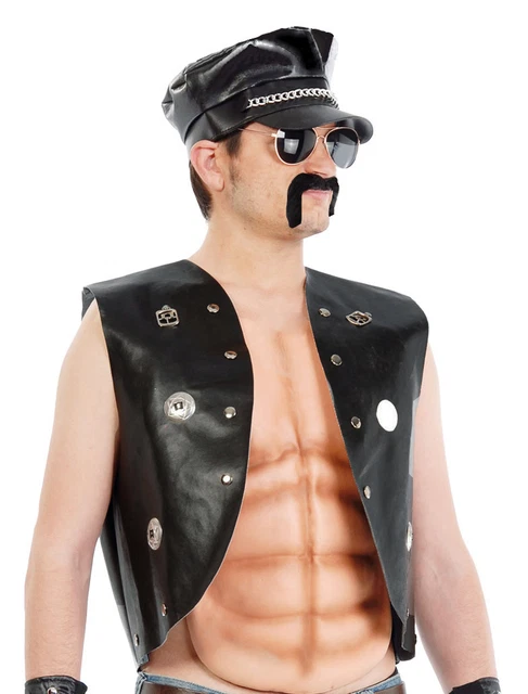 MENS 70S 80S Gay Village Biker Fancy Dress Costume Waistcoat Hat