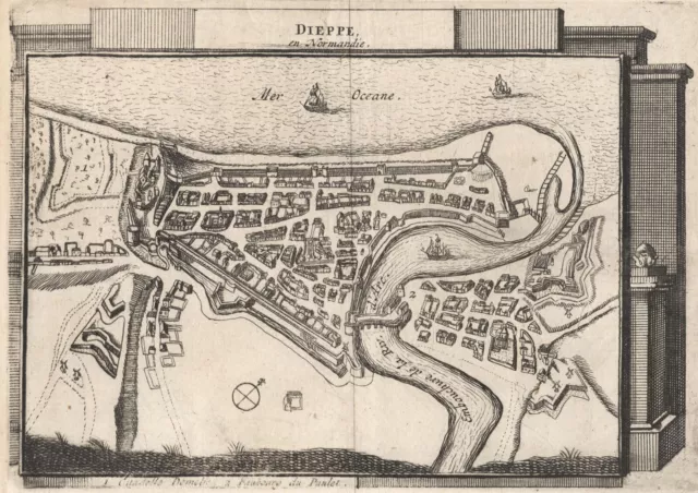 Antique Map "Dieppe en Normandie" Matthaus Merian, c. 1650