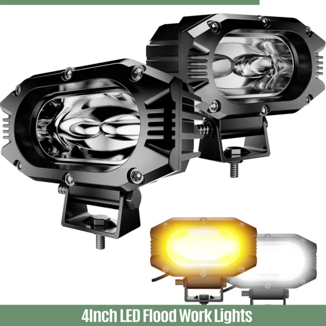 2x 4IN LED Work Lights Flood Single Row White/Amber Flasing Fog Lights for Motor
