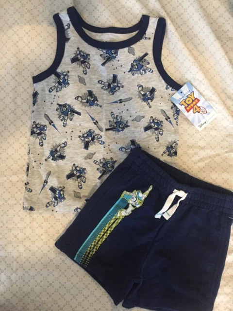 18 M Disney Pixar TOY STORY 2pc Gray Blue Buzz Lightyear Tank Shirt Shorts Boy