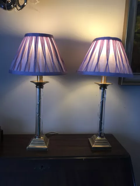 Pair Marks & Spencer Brass & Cut Crystal Column Table Lamps Lilac Shades