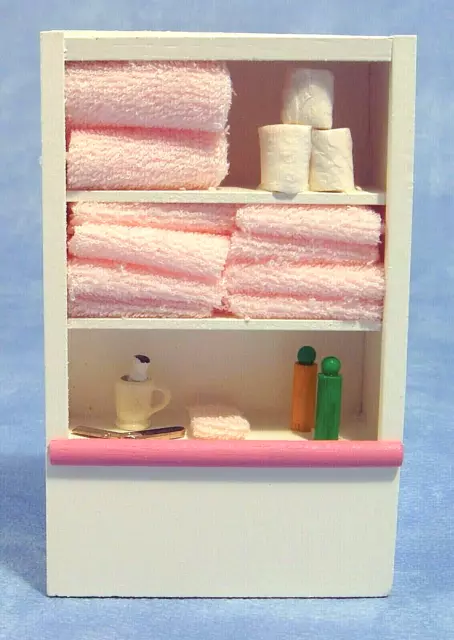 1/12th DOLLS HOUSE  BATHROOM TOILETRIES/SHELVING UNIT WHITE AND PINK