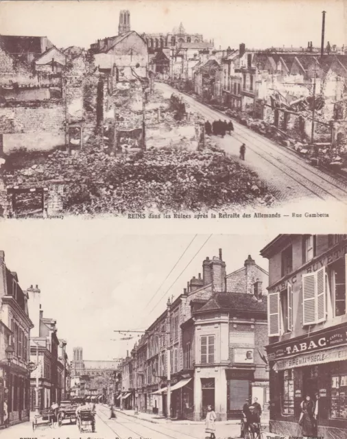 CPA 51 RARE carte double REIMS avant et après la guerre Rue Gambetta