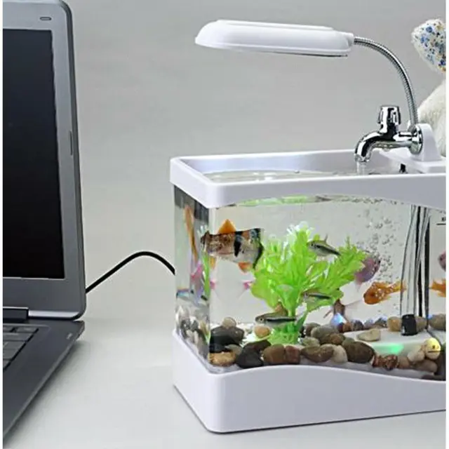 USB Desktop Aquarium with LCD Display Tank Clock LED Lamp Light White