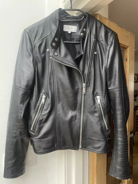 Reiss Ladies Tallis Leather Biker Jacket Black Size 10