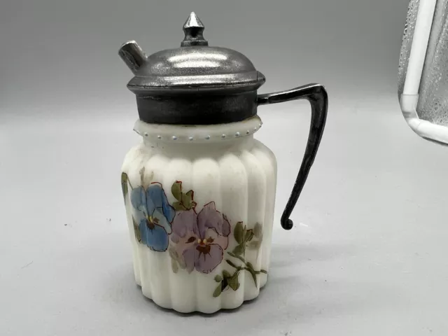 Vintage Silver Mustard Pot Floral Milk Glass Tone Bottom With Silver Spoon