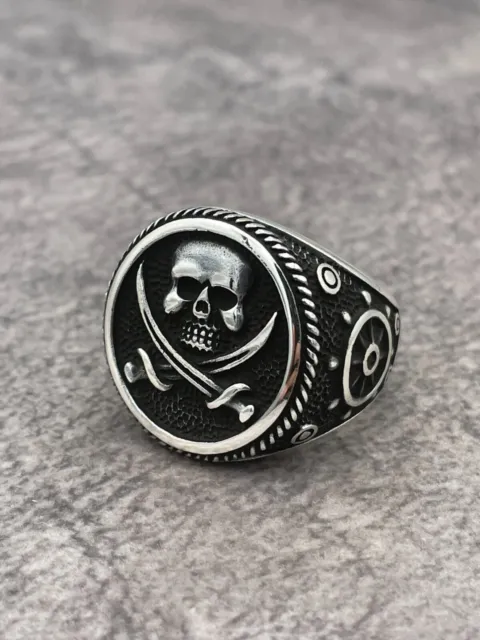Pirate Design 925 Sterling Silver Ring Sailor Captain Rudder Skull Motif Unique