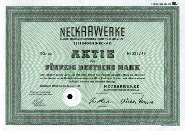 Neckarwerke Elektrizitätsversorgungs-AG, Esslingen, 1969 (1 Aktie / 50 DM)