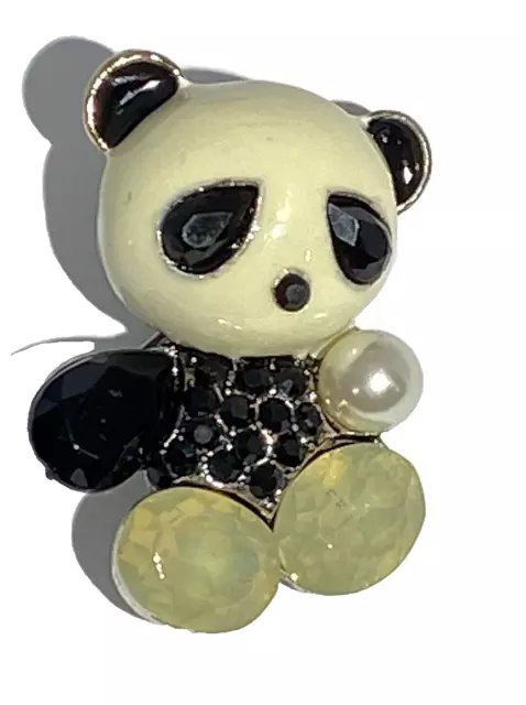 Betsey Johnson Adorable Petite Enamel Panda Bear Crystals &  Pearl Pin Pendant