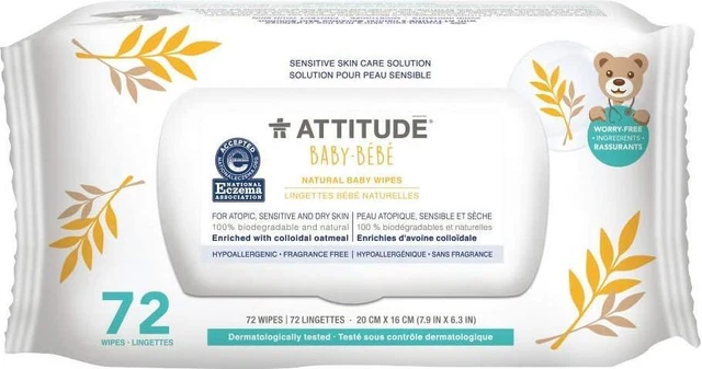 Sensitive Skin Care Solution Natural Baby Wipes by Attitude, 72 count