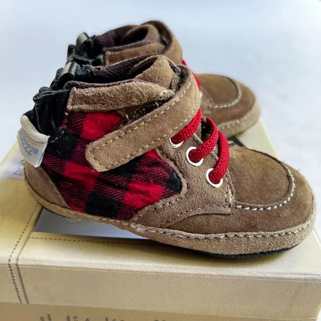 Robeez First Kicks Shoes Lil Logger Boots 6-9 Month Coffee Red Plaid Leather NIB