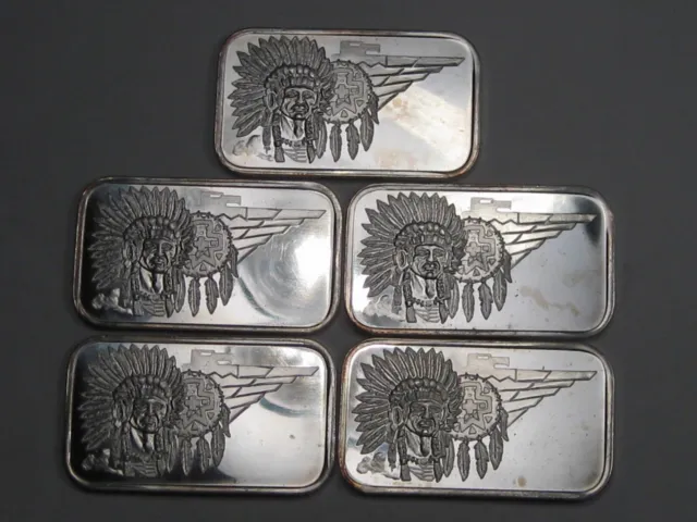5 Vintage Silver Towne 1 troy oz .999 silver Bars "Indian Chief". #17