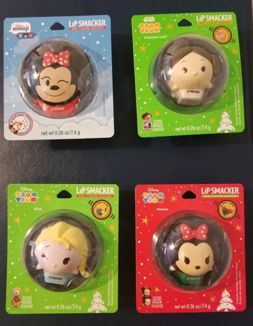 4 Brand New Disney Emoji Lip Smacker Lip Balm 2 Minnie, 1 Elsa, 1 Princess Leia