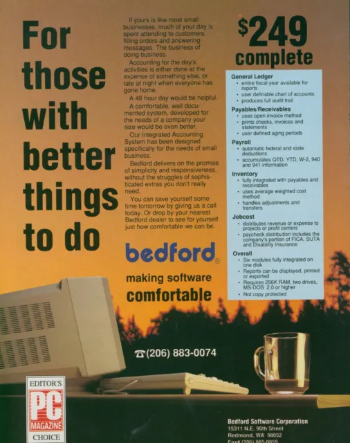 1988 Bedford Making Software Comfortable Payroll Ledger Cost Vtg Print Ad PC1