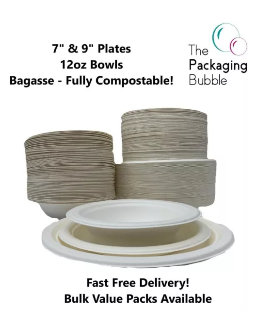 Bagasse Plates Bowls Disposable Paper Round Party BBQ Catering Biodegradable Eco