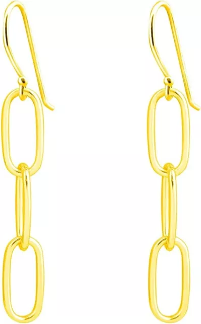 925 Sterling Silver 3 Row Gold Paperclip Chain Dangle Drop Earrings For Women