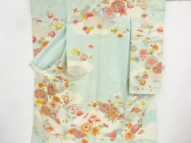 80949# Japanese Kimono / Antique Furisode / Embroidery / Kiku
