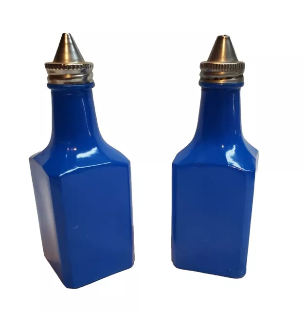 Vintage Blue Pantry Pops Gemco USA Glass Oil Vinegar Bottles Set of 2 Retro