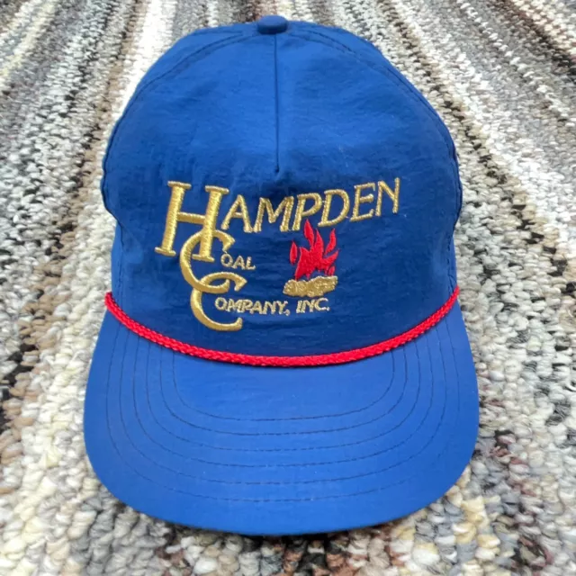 Vintage Hampden Coal Hat Cap Snap Back Trucker 80s 90s USA Rope High Dome Blue