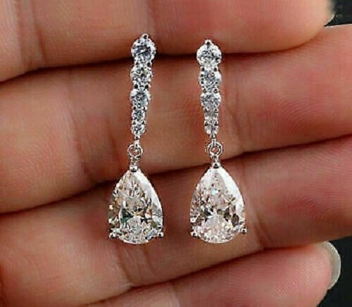1.30 CT Pear Cut Moissanite Drop & Dangle Earrings 14K White Gold Plated For Her