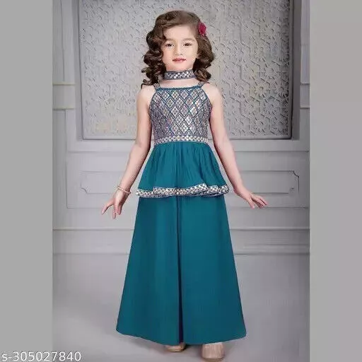 Pantalón Kurta Palazzo azul étnico para niñas con Dupatta para niños de 2 a...