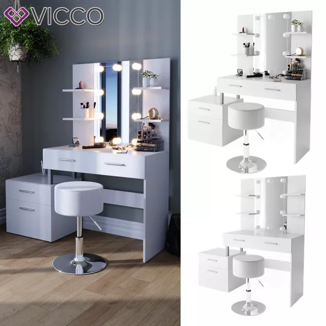 Coiffeuse Table de toilette Table de maquillage + LED + tabouret Maria VICCO