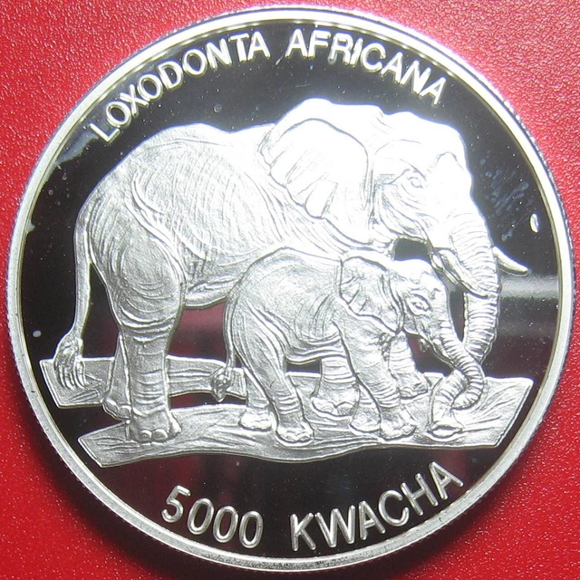 1999 ZAMBIA 5000 KWACHA 1oz SILVER PROOF ELEPHANT MOTHER & CALF WILDLIFE COA#980