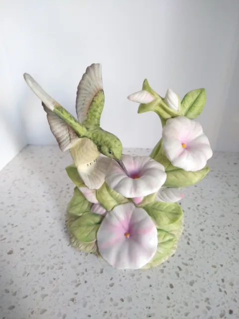 Porcelain Hummingbird In Flight Pink Flowers Enesco 1986 Vtg Small Chip Figurine