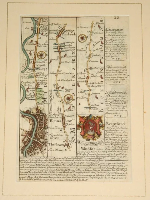 WINDSOR Middlesex Buckinghamshire antique road strip map 1720-60 Owen Bowen