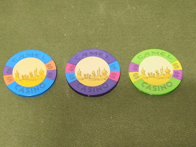 Joe Camel Collectible Clay Poker Chips Lot Of 3 Three Chips Blue Purple Green