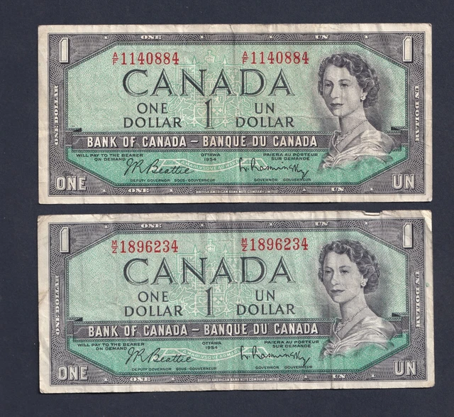 Canada 1954 $1 One Dollar Banknote Lot Of Two Beattie-Raminsky