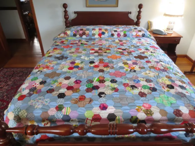 Hand Stitched GRANDMOTHER'S FLOWER GARDEN Mixed Fabrics  QUILT TOP #11-72" x 98"