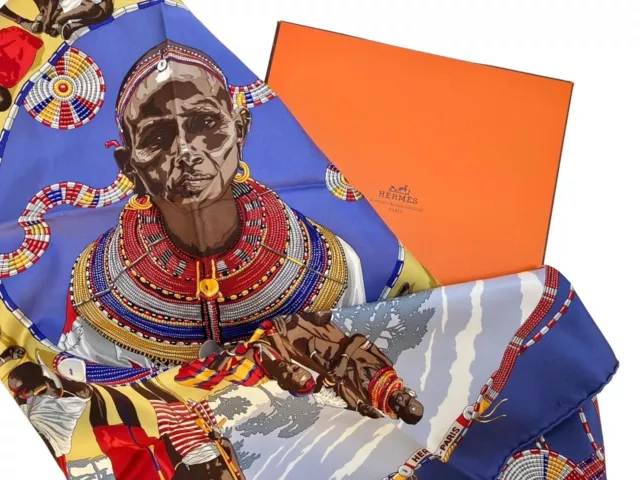 Hermes Silk Scarf Carre 90 African Art Masai Multicolor France New with Box 2