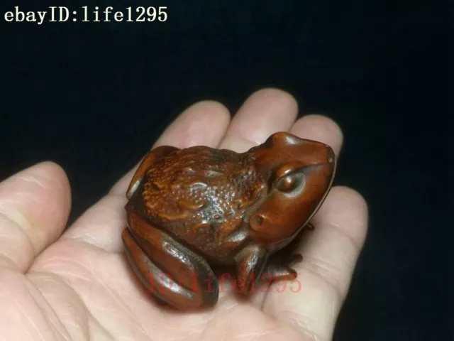 Japanese boxwood hand carved vivid frog figure statue table deco old collectable