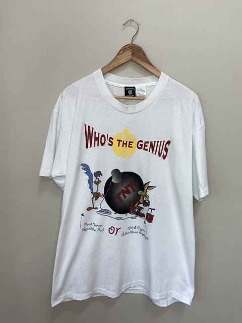 Vintage Looney Tunes Wile E Coyote Roadrunner Men’s XL Who's Genius White Tee