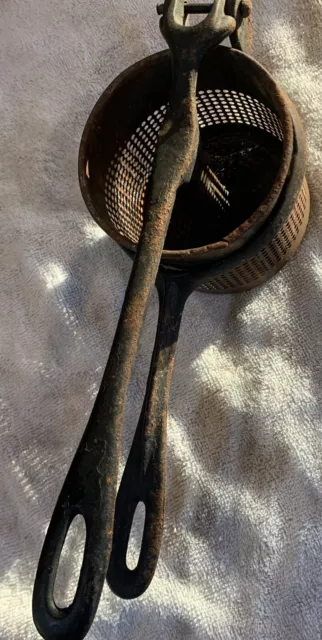 Antique Cast Iron Ricer Potato Masher Strainer Hinged Handle Heavy