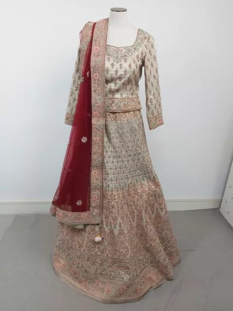 Zarkan Designer Bridalwear Lehnga Choli Dupatta Anarkali UK S Beige Golden Red