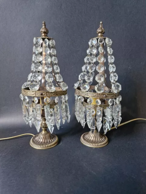 Antique Vintage Pair French Brass Crystals Empire style Bedroom lamp Table Lamps