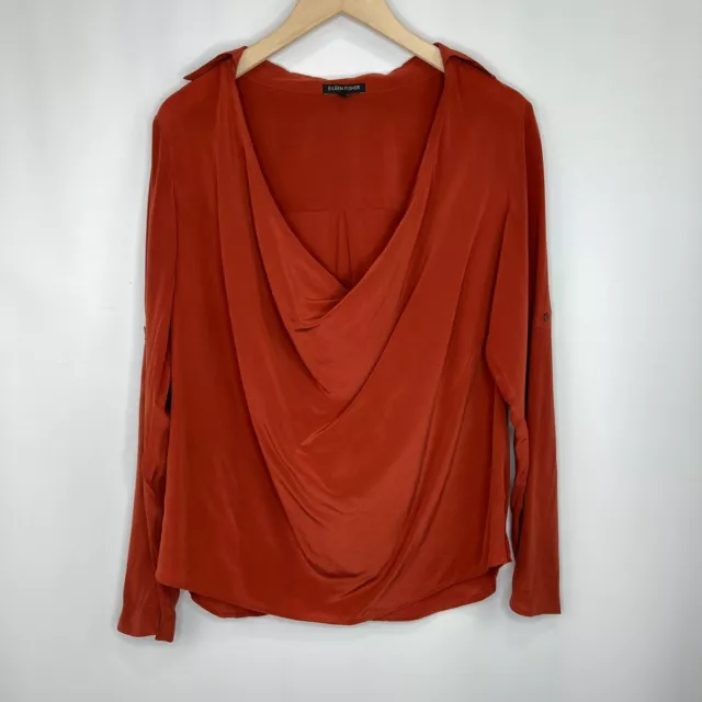 EILEEN FISHER Top XS Silk Crepe de Chine Drape Cowl Neck Roll Tab Sleeve Rust