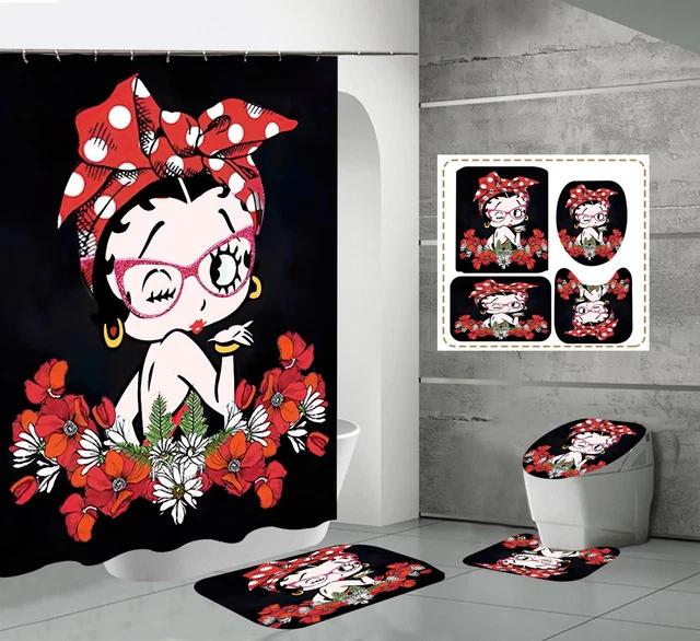 Betty Boop w/ Polkadot Scarf Bathroom Shower Curtain Toilet Seat Cover  Rugs Set