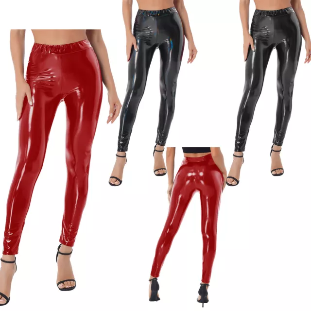 Womens Leggings Faux Leather Shiny Liquid Wet Look Sexy Stretch Party Dance  S/M 