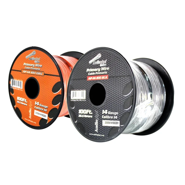 Bote de cable remoto de alimentación a tierra primaria Audiopipe (2) 14ga 100 ft CCA negro/naranja