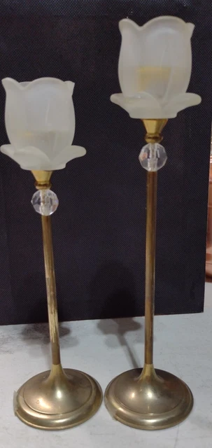 2 Mid Century Landes brass frosted Crystal Candlestick Holders Italy beautiful s