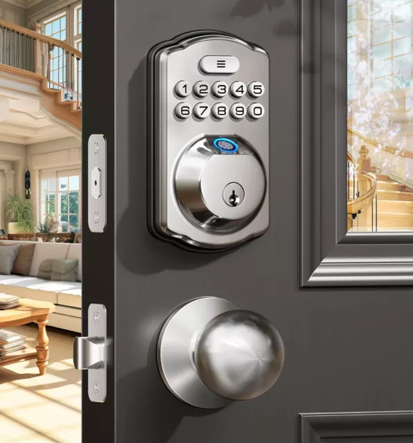 Veise Fingerprint Keyless Entry Front Door Smart Deadbolt + Knob,  Satin Nickel