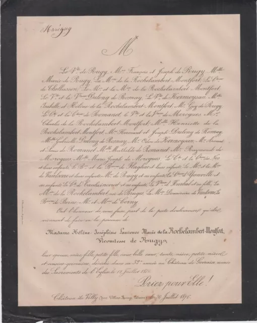 1876 Faire-part décès Mme Aymar GOULLET de RUGY née de LA ROCHELAMBERT-MONTFORT.